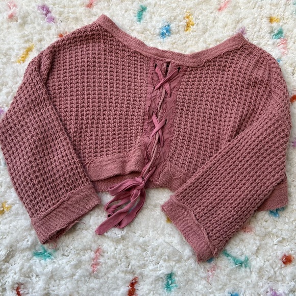 Free People | Maybe Baby Mauve Waffle Knit Bell Sleeve Lace Up Sweater - Picture 6 of 12